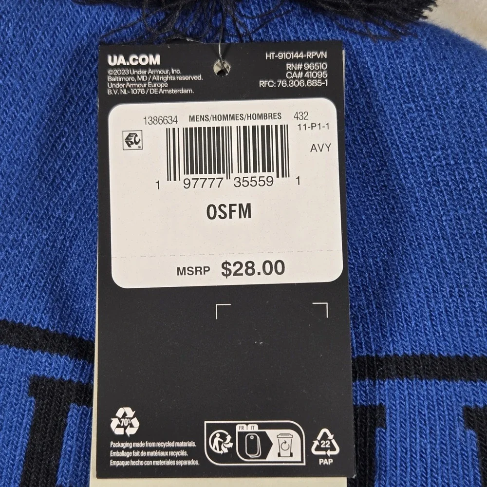 Under Armour Cuffed Fold Beanie Logo Winter Pom Athletic Royal Blue Men Gorpcore